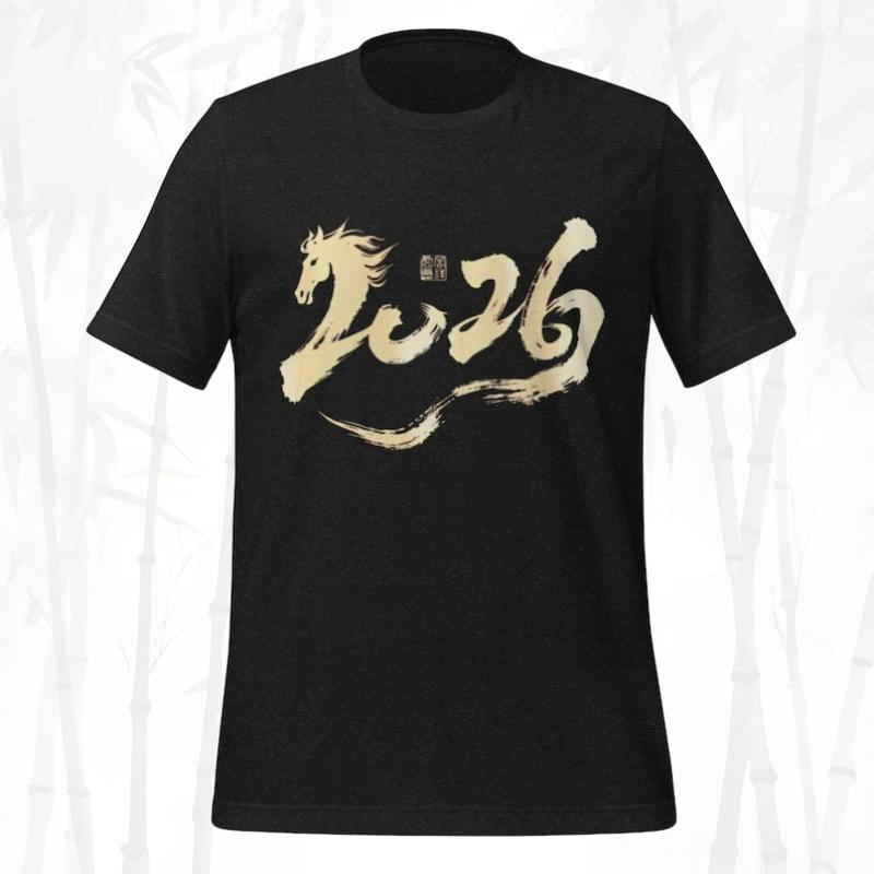 Year of The Hello Brushstroke Art Happy Chinese New Year Horse Graphic Unisex Crewneck Allmatch Casual Tee Streetwear