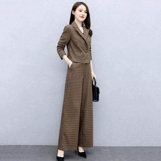 2 Pcs/Set Women Coat Pants Set Lapel Buttons Cardigan Plaid Print Long Sleeve Jacket Wide Leg High Waist Straight Trousers Lady Formal Commute Outfit