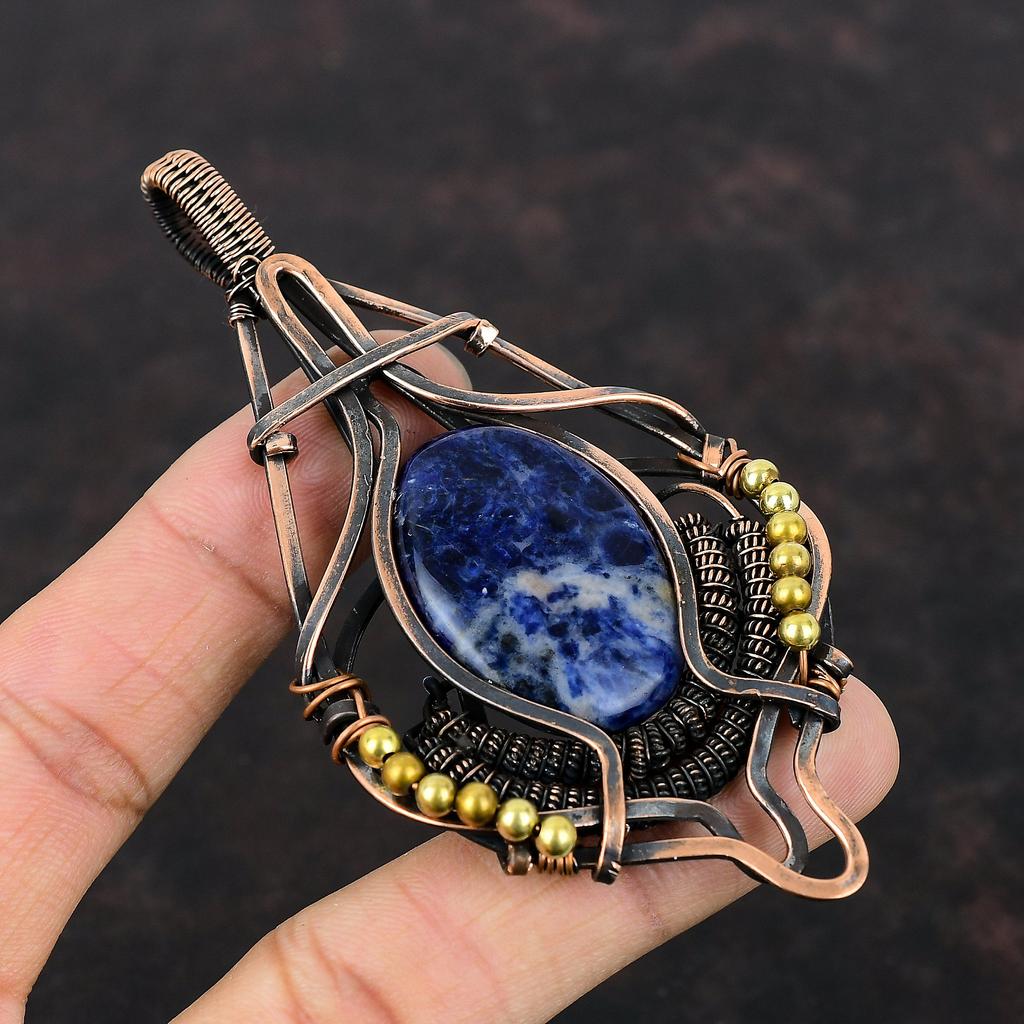 Подвеска из содалита, медная проволочная обертка, содалитовая медная бижутерия, изящная подвеска из драгоценного камня, подарок для нее, проволочная обертка, подвеска ручной работы