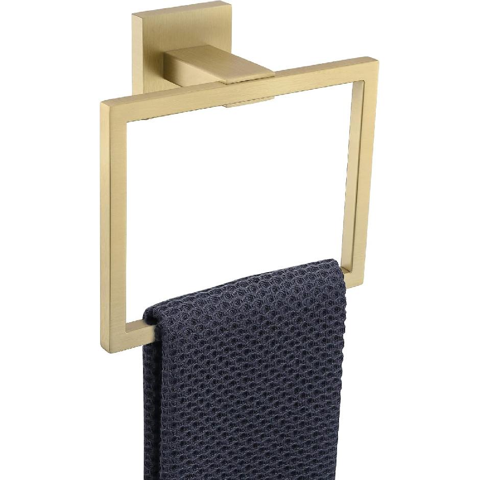 TQKAG Brushed Gold Towel Ring Bathroom Hand Towel Holder Stainless Steel Square Towel Bar Hangers Wall Mounted