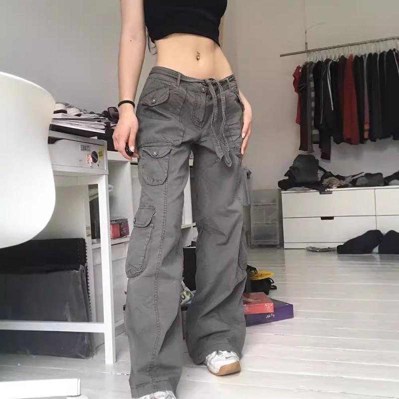 Womens Oversized Cargo Pants High Waist Loose Fit Streetwear Gray Black Brown Cotton Utility Trousers