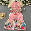 Spring Autumn Women Plus Size Print Single Breasted Long Maxi Seaside Holiday Beach Dresses with Belt
