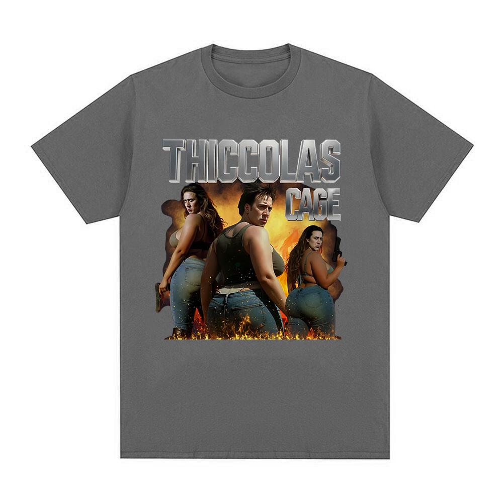 Thiccolas Cage Funny Meme Tshirt Unhinged Inappropriate Movie Lover Tshirts Absurd Crazy Cringe Exchange Gift Gag Joke Tshirts
