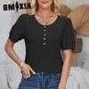 Women's Spring Summer Buttoned Round Neck Puffy Sleeve Loose Solid Color T-shirt