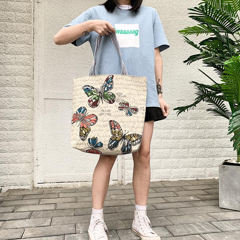 Harajuku Style Cartoon Canvas Bag, Literary Large-Capacity Shoulder Bag, Linen Trendy Cool Ethnic Style Women'S Bag