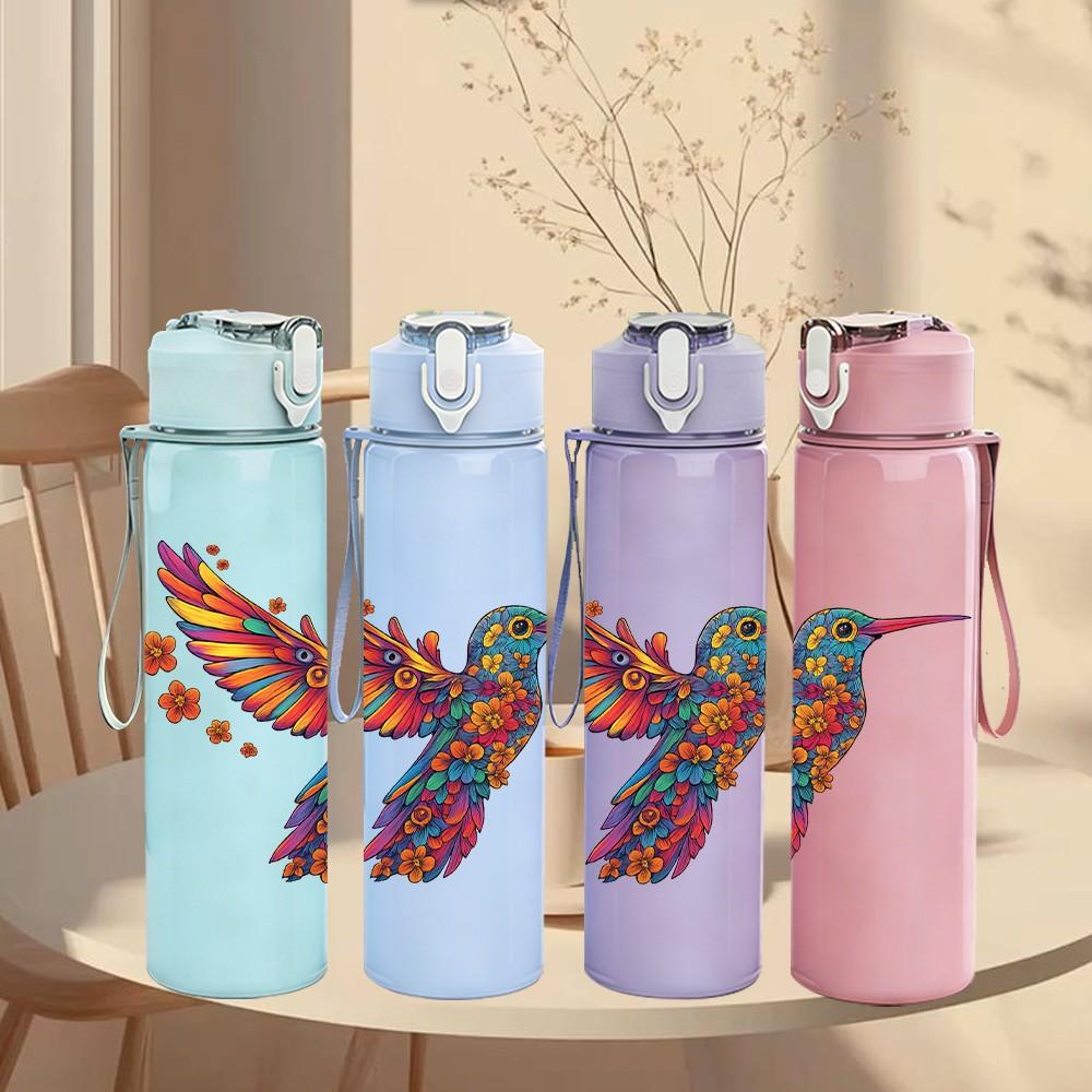1PC Vibrant Hummingbird Flower 750ml Color Plastic Sports Water Bottle Leakproof Flip Straw Lid Suitable for Sports Office Home Use