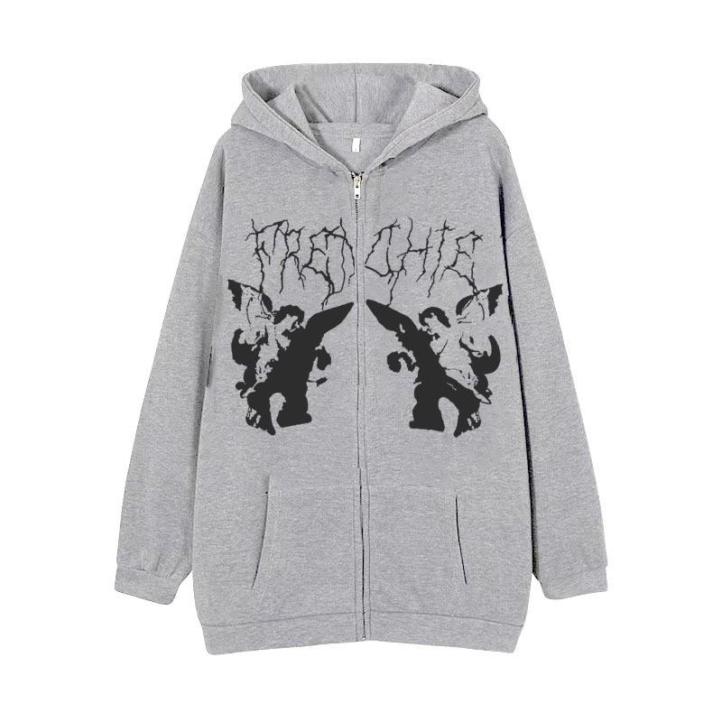 Skull Wing Print Hooded Zip-Up Sweatshirt Women Loose Fit Fleece Lined Long Sleeve Streetwear