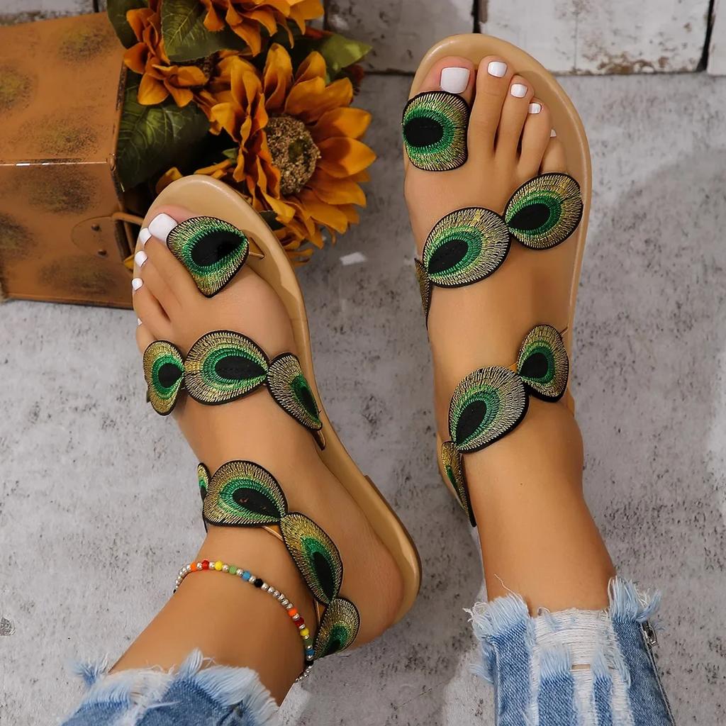 Fashion Yellow Embroidered Faux Flower Fashion Sandals Peacock Flat Plus Size 43 Summer Outdoor Beach Shoes Travel Mom Shoes