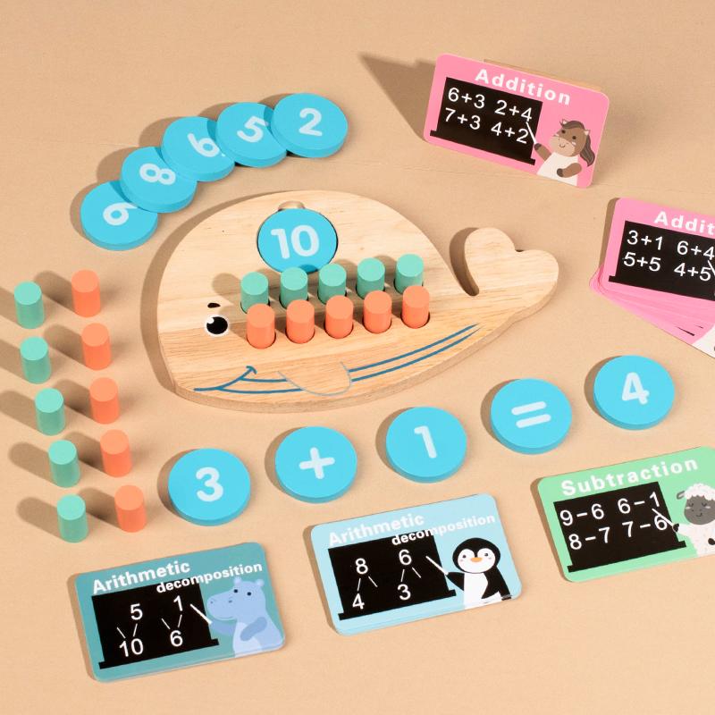 Children's Wooden Number Board Whale Shaped Ten Digit Counter Cognitive Matching Game Addition Subtraction Operation Math Toys