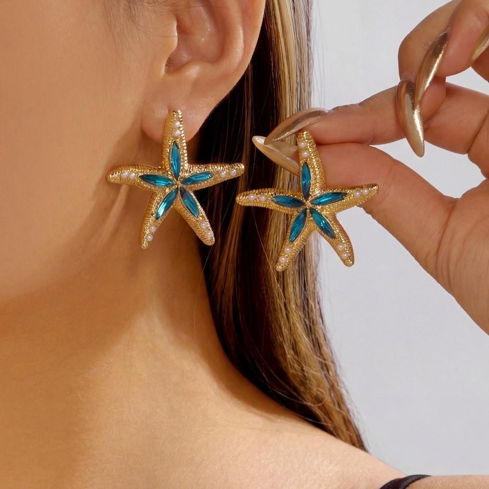 Pearl Starfish Stud Earrings Bohemian Shell Drop Earrings Rhinestone Dangle Earrings Women