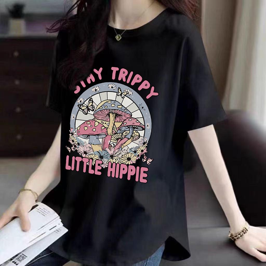 Pure Cotton Front Shoulder Short-sleeved T-shirt for Women's Summer New Korean Style Loose and Fashionable Printed Curved Hem Cover Top