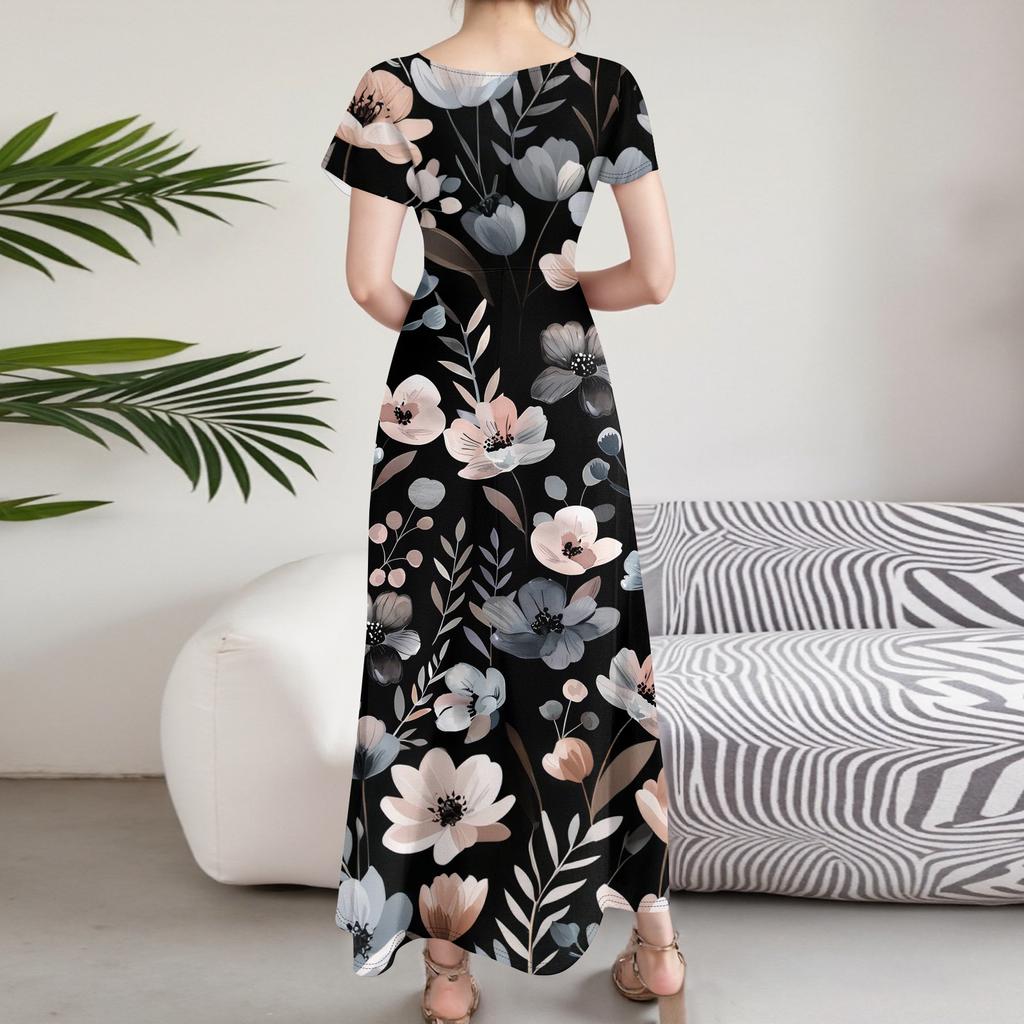 Women's Casual Fashion Print Long Dresses V-Neck Short Sleeve Dresses