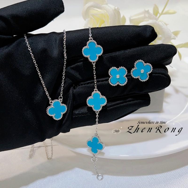 Womens Malachite Clover Jewelry Set Blue Agate Earrings Necklace Bracelet Vintage Style