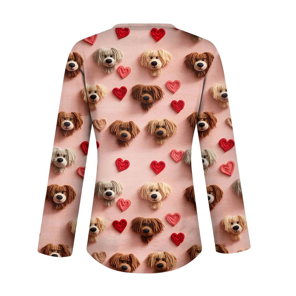 Женский модный повседневный топ с длинным рукавом и V-образным вырезом на пуговицах ко Дню святого Валентина с принтом в виде сердца