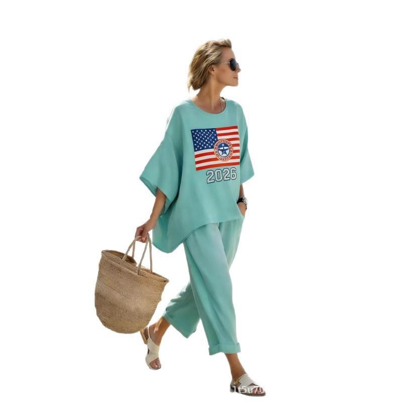 1116 US 111th Anniversary Independence Day Printed Casual Suit Half-Sleeve Trousers Two-piece Set In Stock