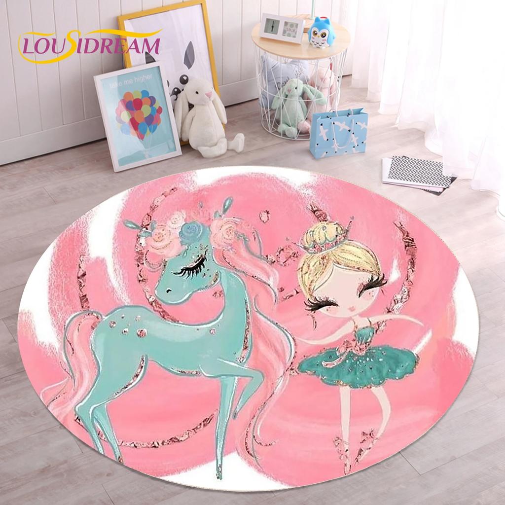 Милый ковер с балериной, феей, единорогом, мультяшный, круглый, для гостиной, спальни, детской комнаты, декор, коврик для питомцев, нескользящий
