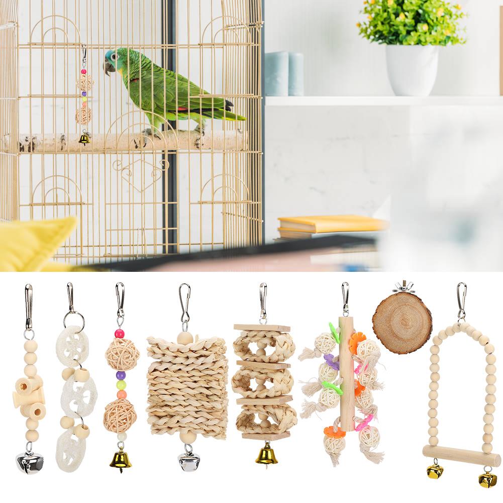 8 Packs Bird Parrots Hanging Swing Cage Toys Natural Wood Bird Climbing Chewing Toy Set