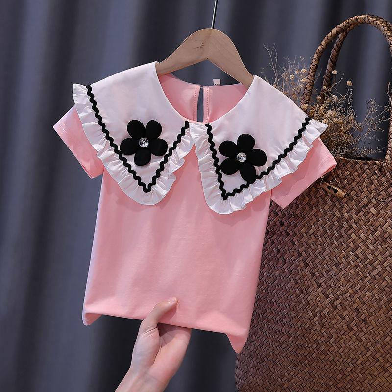 Летняя белая футболка с короткими рукавами для девочек, новинка 2022 года, хлопковая детская кружевная блузка с лацканами для подростков, детская школьная одежда, топы