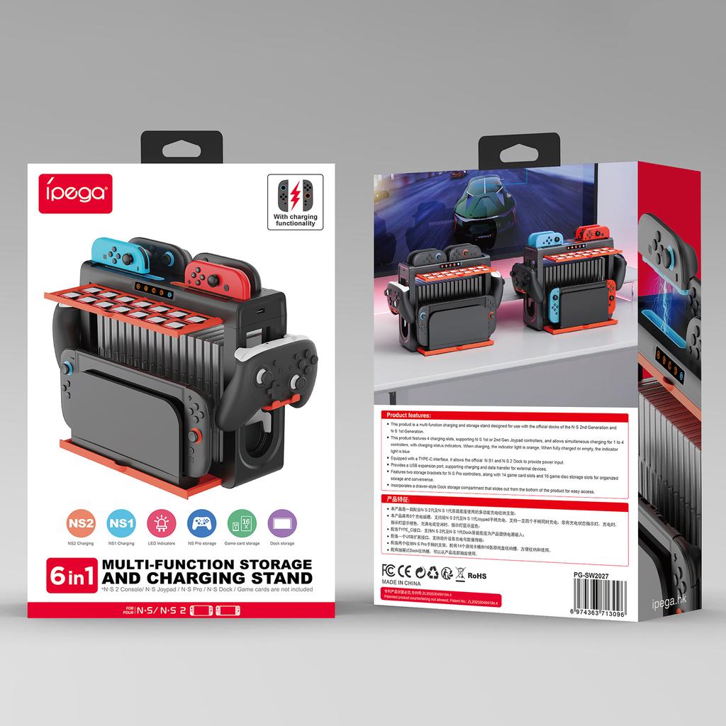 IPEGA PG-SW2027 Charging Dock for Nintendo Switch / Switch 2 Storage Holder Charging Stand with 8 Slot Controller Charger / USB Port / Game Card Slots