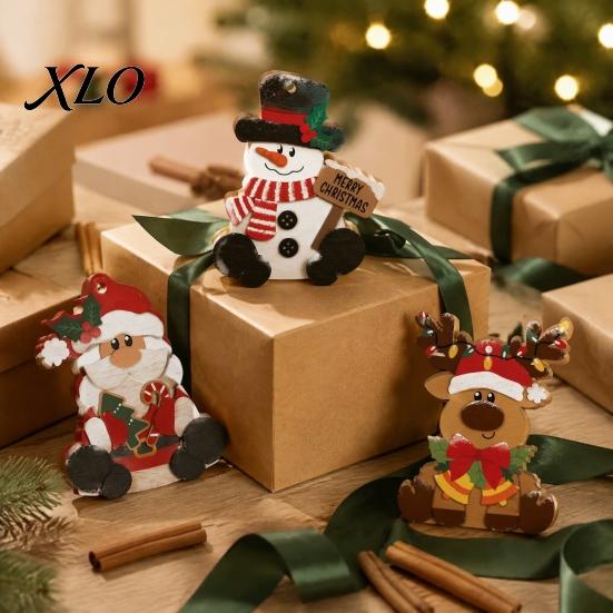 Wooden Christmas Ornaments 3Pcs Tabletop Decor Set, Santa Snowman Reindeer Figurine, Hanging Reusable Winter Holiday Tree Ornament with Jute