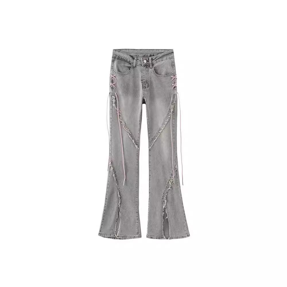 Женские летние прямые брюки с потертостями и необработанными краями, джинсовые брюки-клеш с разрезом, женские бандажные джинсы с высокой талией в корейском стиле