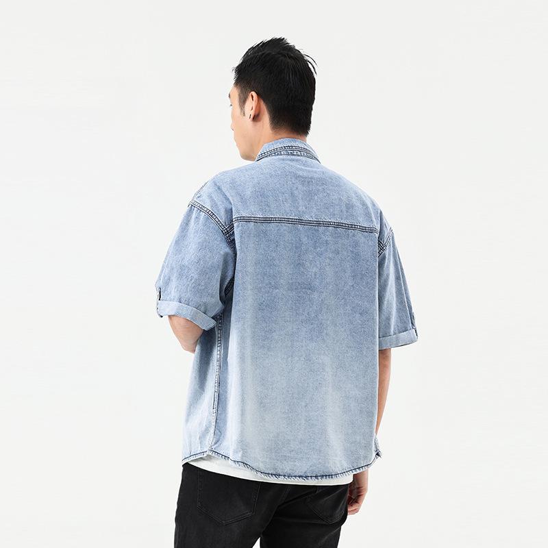Summer Washed Fashion Jacket Short-Sleeved Men'S Jacket With Thread Lapel Slim-Fitting Simple Casual Denim Shirt