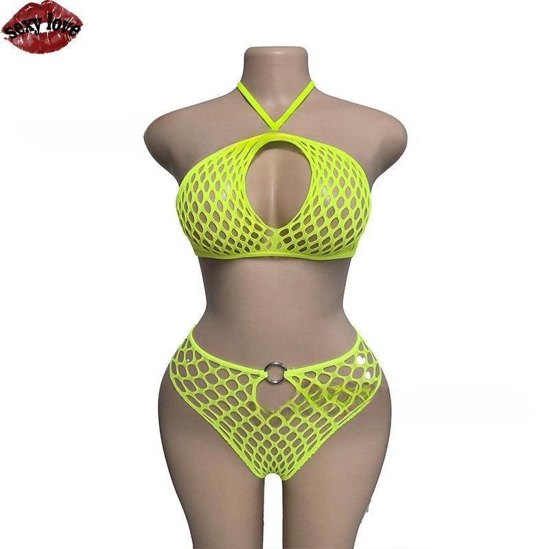 Sexy Love Underwear Women Micro Bikini Two Piece Set Fishing Net Hollow Neck Hanging Loop Lingerie