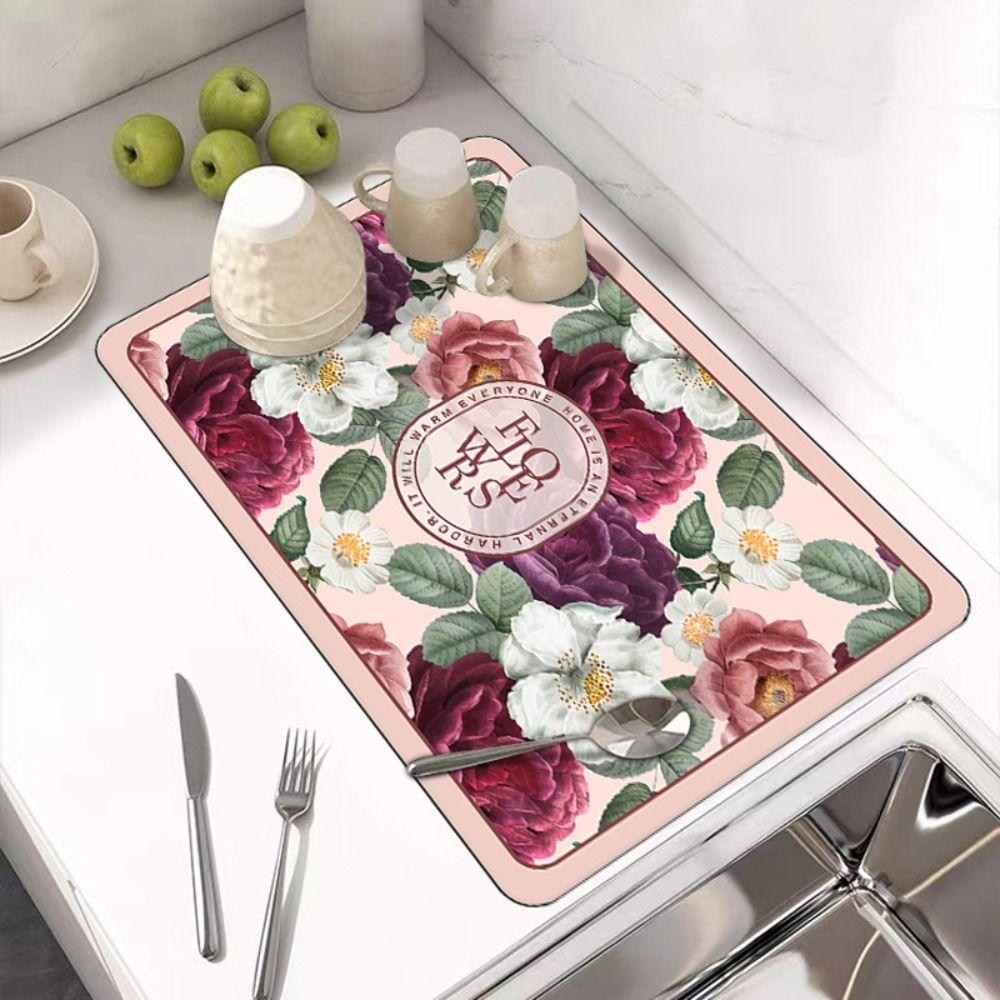 Non-slip Draining Mat Flower Print Drain Pad Placemat Dish Drying Mat Table Decor