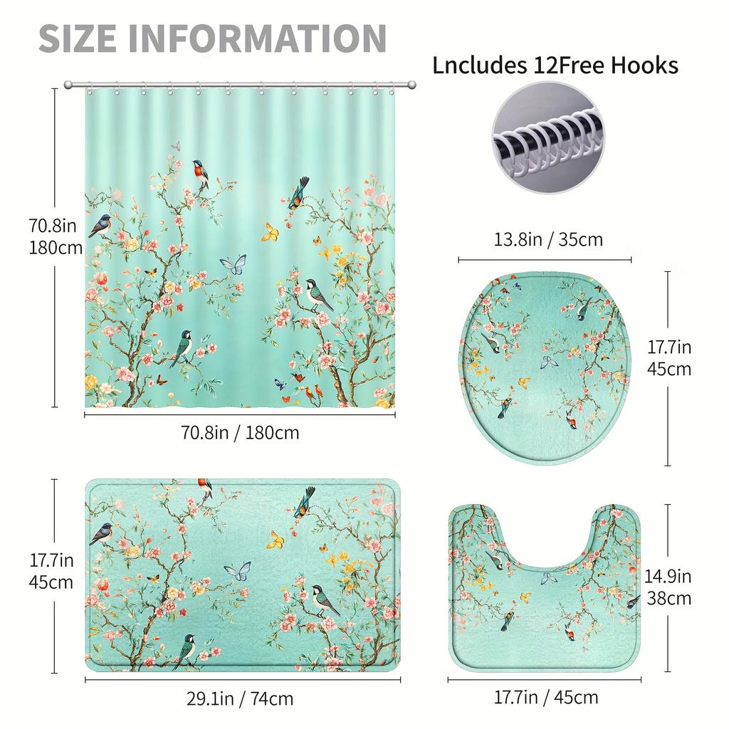 4 шт. Роскошный комплект водонепроницаемых занавесок для душа с изображением цветов, птиц, бабочек, декоративный комплект для ванной комнаты, нескользящий коврик для унитаза, коврик для ванной и 12 крючков