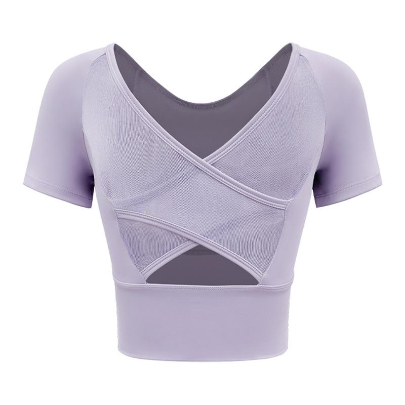 Naked yoga clothes New high-end cross-back Pilates short-sleeved fitness clothes top Running T-shirt