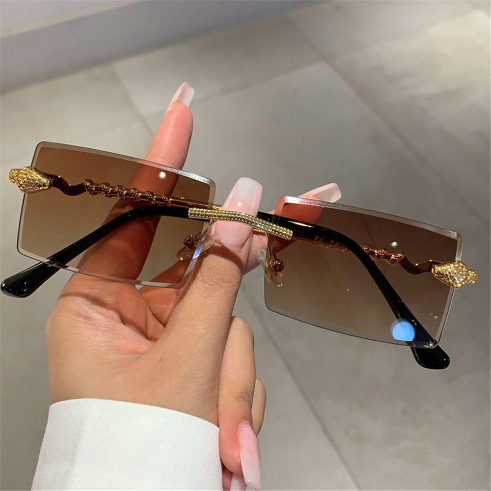 Trendy Rimless Snake-Shaped Metal Sunglasses Square Frame Frameless Street Shades Gradient Lens Sun Glasses For Women & Men