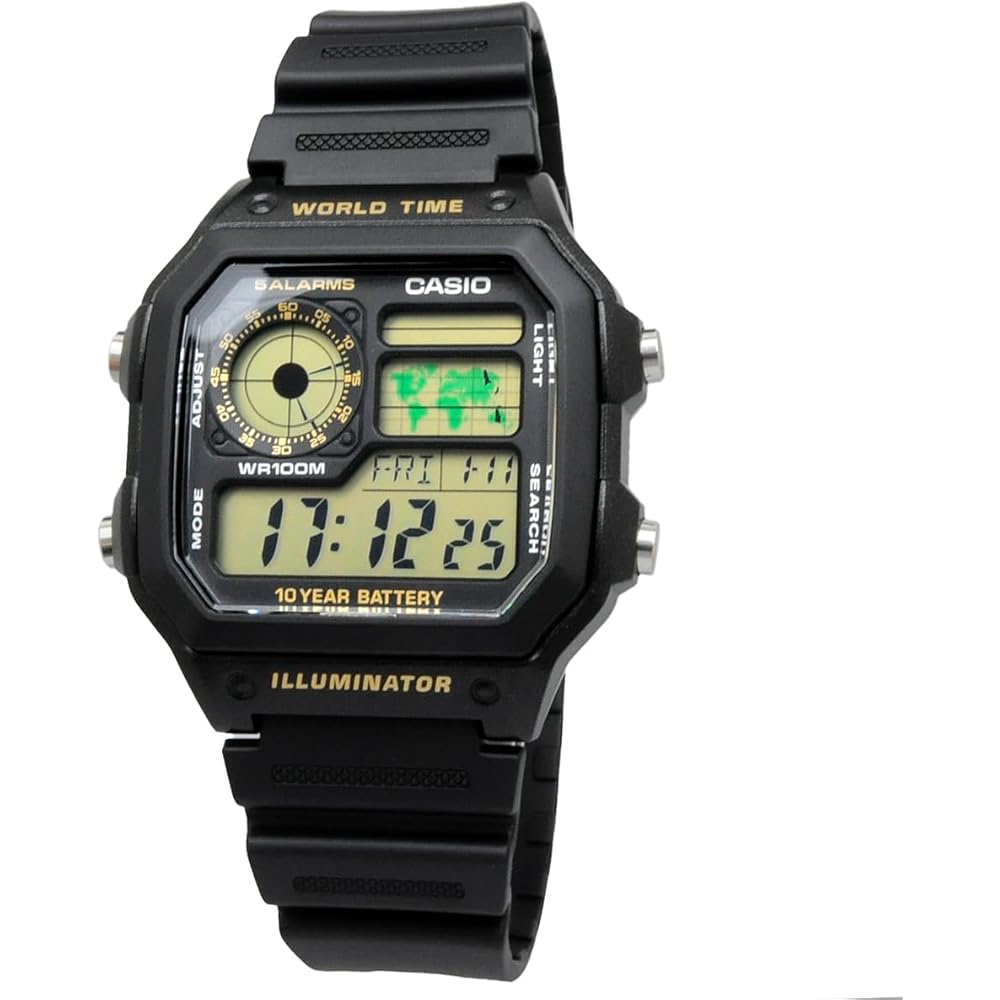 Часы Casio World Time AE-1200WH-1BV с цифровым дисплеем, черные с золотым покрытием, ЖК-экран, мужские наручные часы