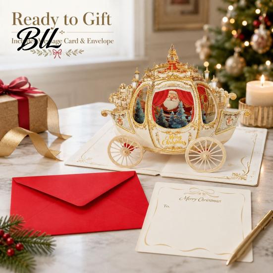 Memorable Holiday Cards 3D Christmas Carriage Pop Up Card, Vintage Santa on Gift Sleigh Tabletop Decoration, Greeting Card with Envelope Surprise for