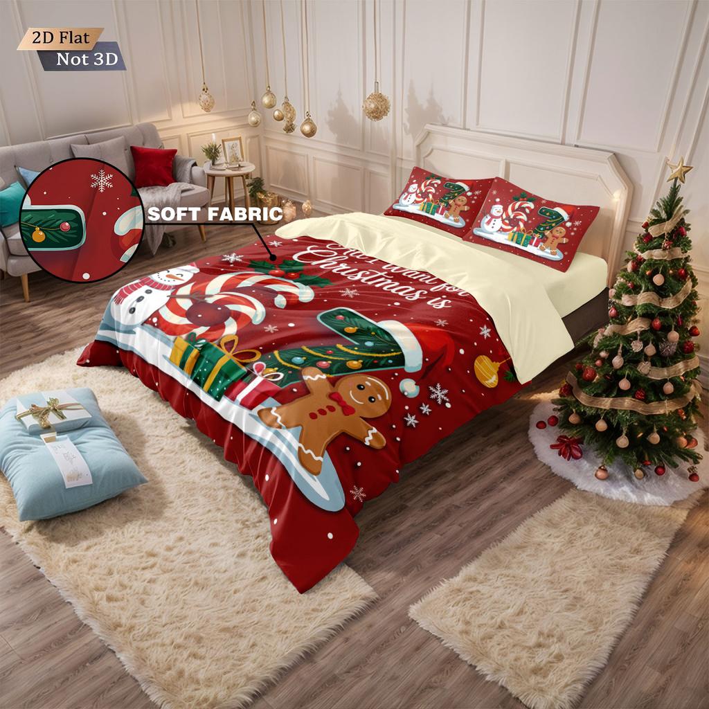 3pcs Happy Christmas Snowman Gingerbread Man Print Quilt Cover Set Multi Size Bedroom Bedding Decoration Machine Washable