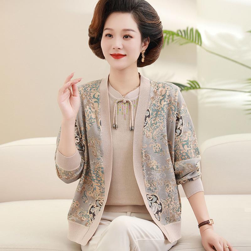 Комплект из двух предметов: свитер для осени для женщин среднего возраста, тонкий, в новом китайском стиле, платье для бабушки