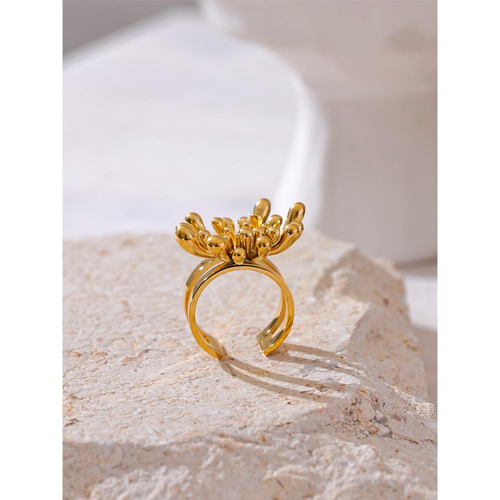 Yhpup Trendy Stainless Steel Flower Open Ring Rust Proof Metal Gold Color Personalized Alluring Jewelry Gift