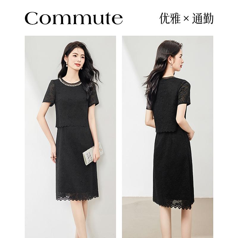 Fashionable temperament nail bead round neck short sleeved mid length lace dress