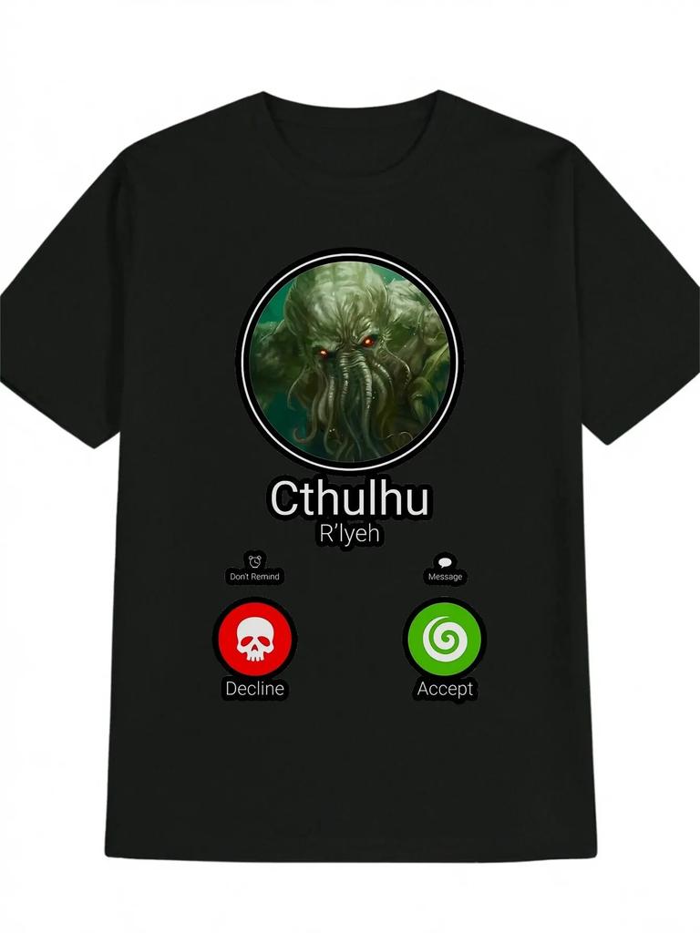Men's Vintage Graphic Tee Funny Cthulhu Dark Humor Design Casual Short Sleeve Summer T-Shirt Black Machine Washable