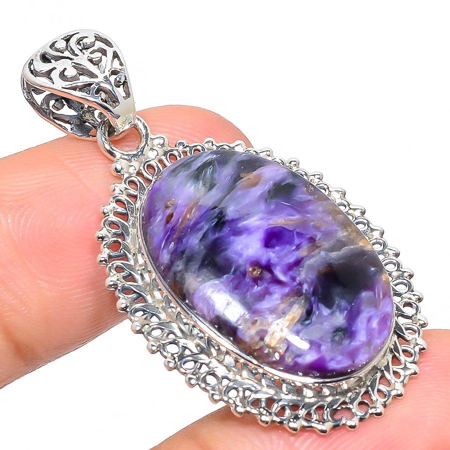 Natural Charoite Gemstone Handmade 925 Solid Sterling Silver Pendant 1.77" Y5r76
