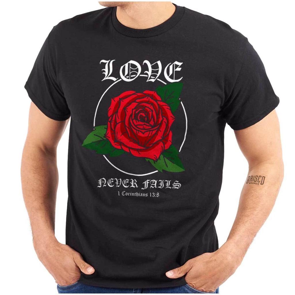 Streetwear Rose Love Never Fails Scripture Womens or Mens Crewneck 100% Cotton T-shirt Mens Tees Top Tee