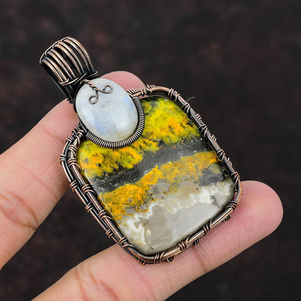 Bumble Bee Jasper Copper Pendant Copper Wire Wrapped Gemstone Jewelry Rainbow Moonstone Pendant Handmade Pendant Wire Wrap Jewelry For Gift