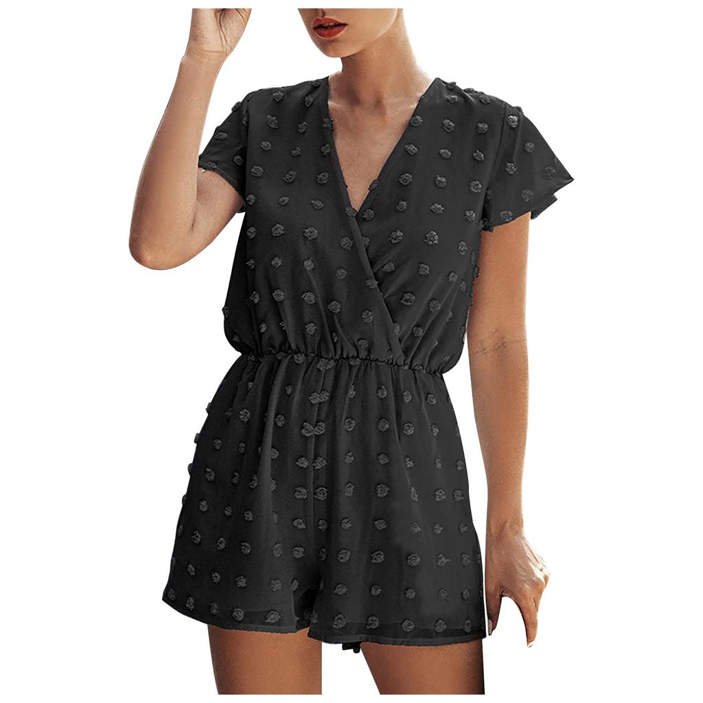 Fashion Women's Casual Loose V-Neck Solid Color Pocket Short Sleeve Jumpsuit