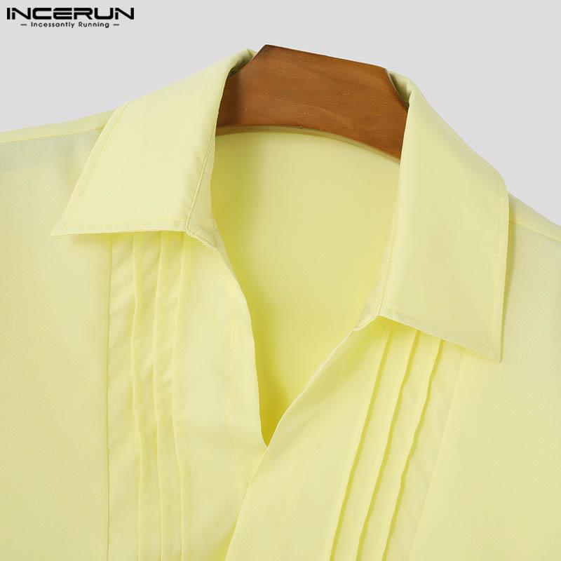 INCERUN Мужские рубашки с коротким рукавом и складками, повседневные, с перекрестными бретелями спереди, однотонные топы