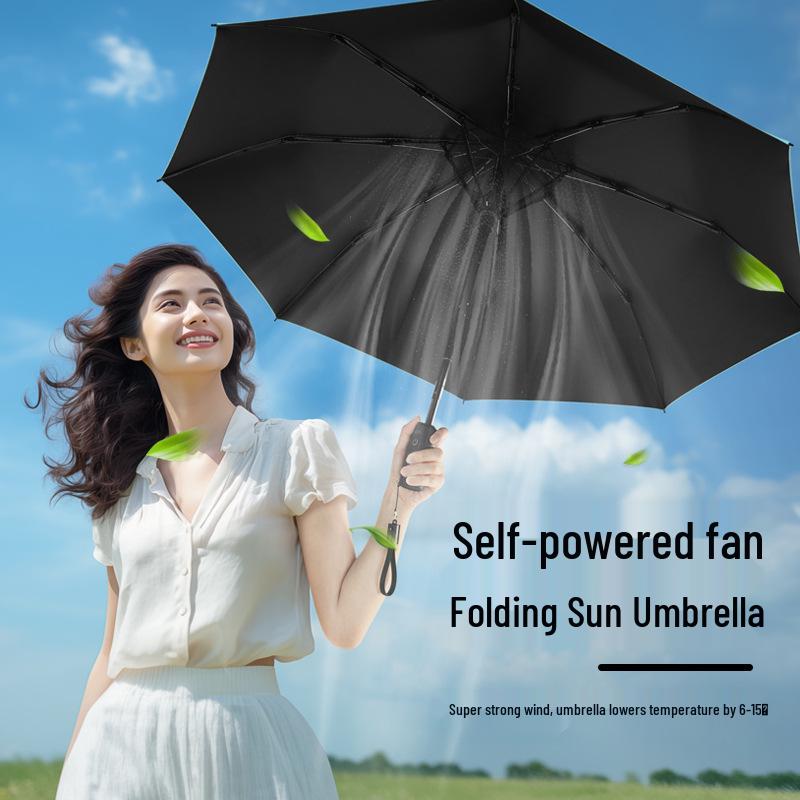 Men's High-End Folding Umbrella with Cooling Fan, Charging Sunscreen, Sunshade, and Rain Protection.