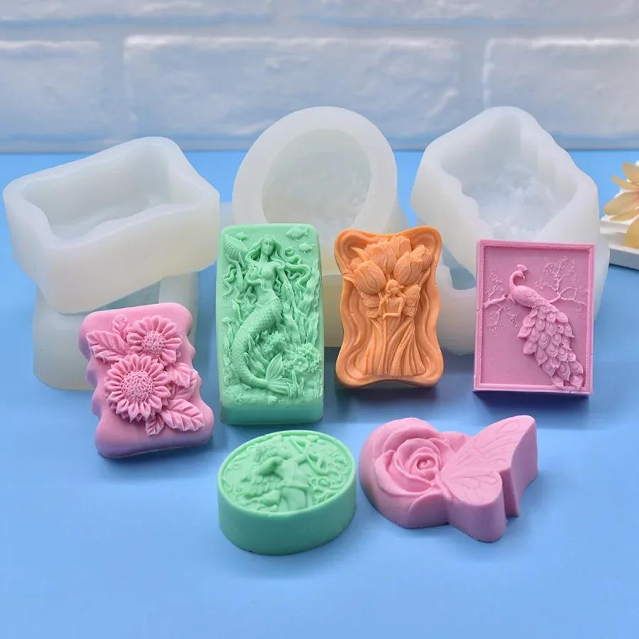 DIY  Angel Mermaid Multi-style Printed Soap Molds Flowers Peacock Butterfly Girl Silicone Mold Aromatherapy Soap Handmade Gifts