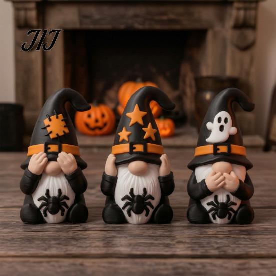 Whimsical Halloween Decor 3Pcs Three Gnomes Figurines, See No Hear Speak Evil Seasonal Home Accents Gnome Statues, Spooky Spider Ghost Dwarf Tabletop