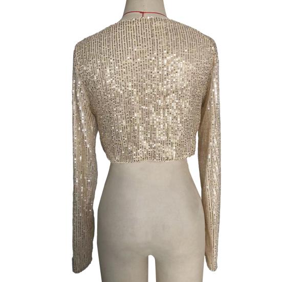 Women Crop Top Shiny Sequin O Neck Long Sleeves Waist-exposed Soft Pullover Stage Show Performance Club Party Lady Top