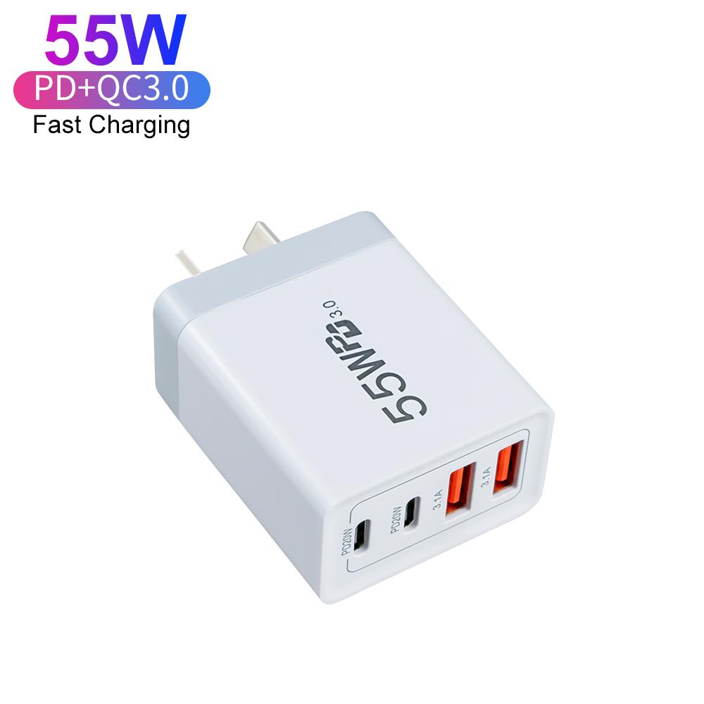 55W AU Plug USB-C Wall Charger 4-Port Fast Charger with PD 20W QC3.0 Output Power for Apple for IPhone 13 14 15 Pro