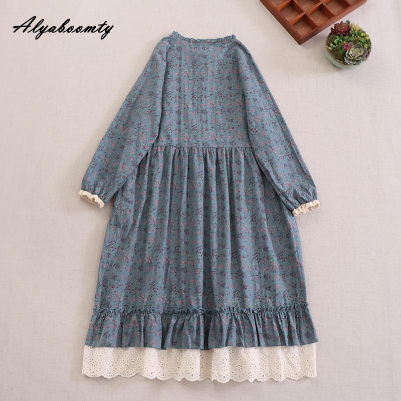 Mori Girl, весенне-осеннее женское платье в стиле ретро с воротником-стойкой, синее, абрикосовое, кофейное, с цветочным принтом, хлопковое и льняное винтажное свободное платье миди