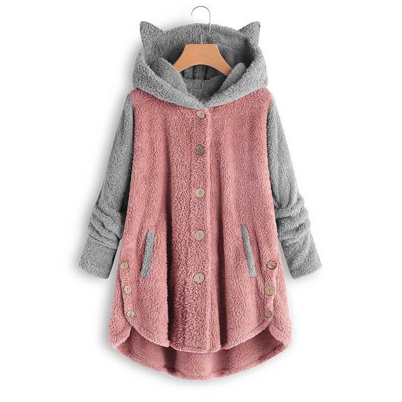 Cat Print Long Hoodies Sweatshirt Women Fleece Warm Button Pocket Pullovers Cat Ear Plus Size Hoodie Top Blouse Sweat Femme Plus Size